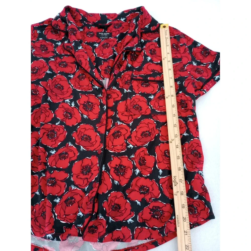 Kate Spade Pajama Top Women Medium Red Poppy Floral Short Sleeve Button Front